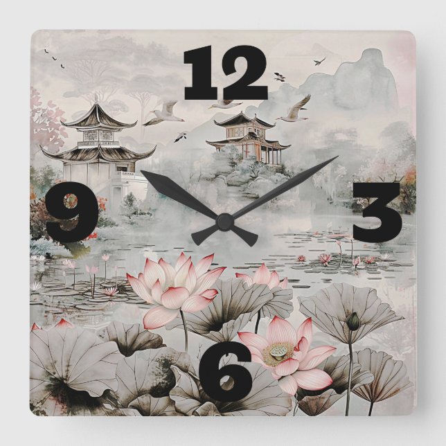 Temples in the Mist Square Wall Clock (Front)