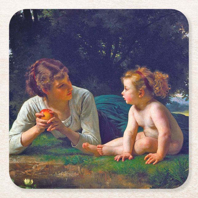 Temptation, Bouguereau Square Paper Coaster (Front)