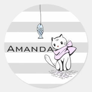 Tempted White Cat & Fish Classic Round Sticker