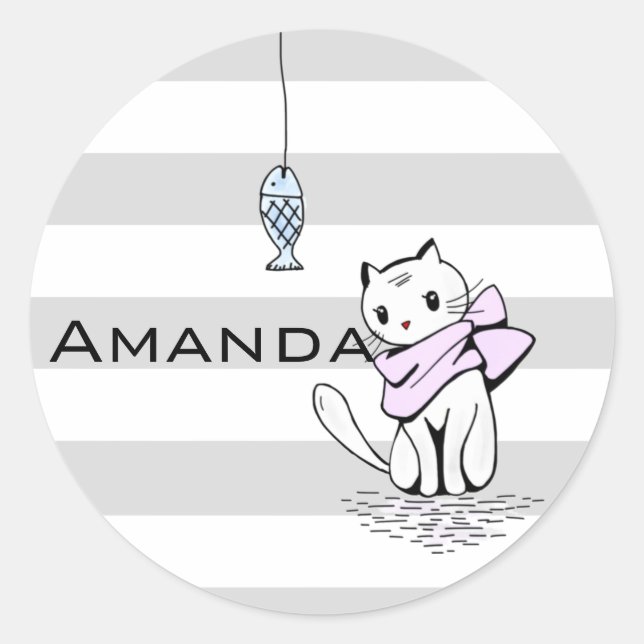 Tempted White Cat & Fish Classic Round Sticker (Front)