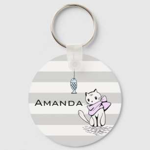Tempted White Cat & Fish Keychain