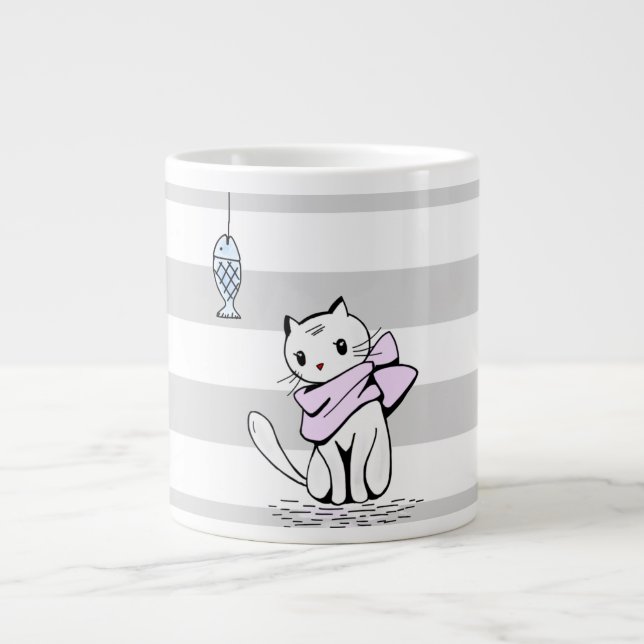 Tempted White Cat & Fish Large Coffee Mug (Front)