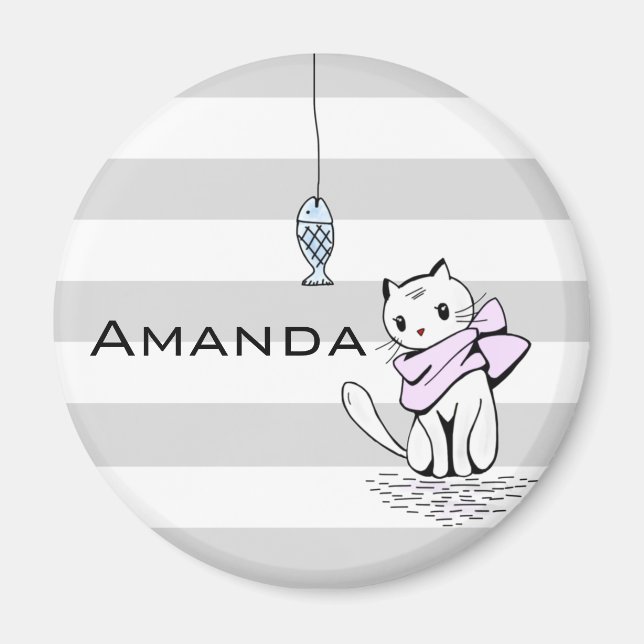 Tempted White Cat & Fish Magnet (Front)