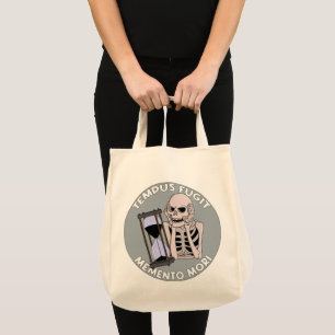 Tempus Fugit Skeleton Memento Mori Hourglass Tote Bag