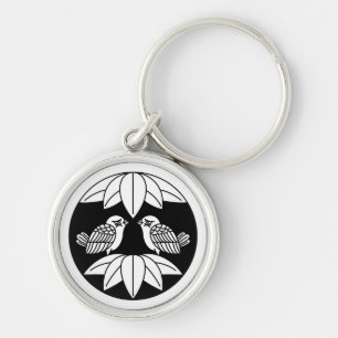 Ten bamboo leaves & facing sparrows in circle keychain