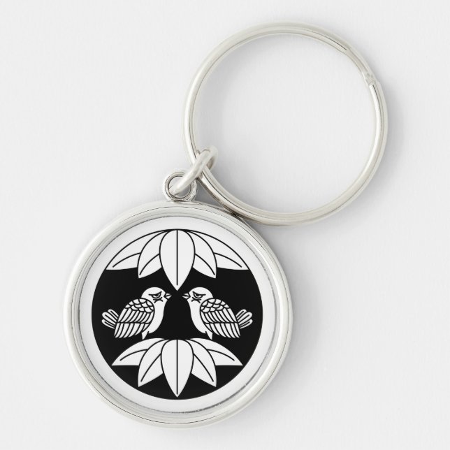 Ten bamboo leaves & facing sparrows in circle keychain (Front)