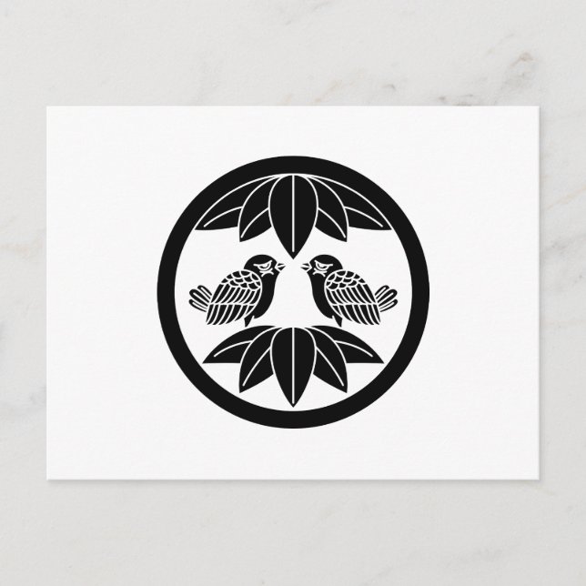 Ten bamboo leaves & facing sparrows in circle postcard (Front)