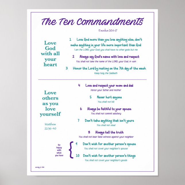 Ten Commandments for Kids--Purple/Teal w/ border Poster (Front)