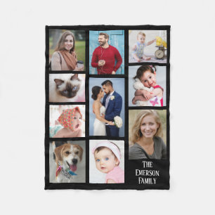 Ten Family Photos With Family Name, Black Fleece Blanket
