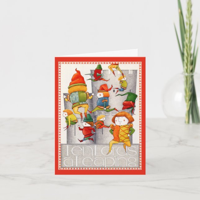 TEN LORDS A LEAPING Christmas Note Card / Red (Front)