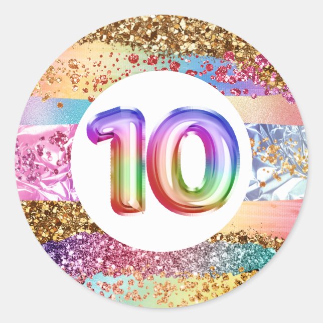 Ten years old rainbow glitter sparkle children classic round sticker (Front)