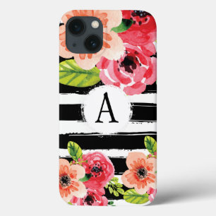 Tendance Monogramme Noir Blancs Fleurs Coque