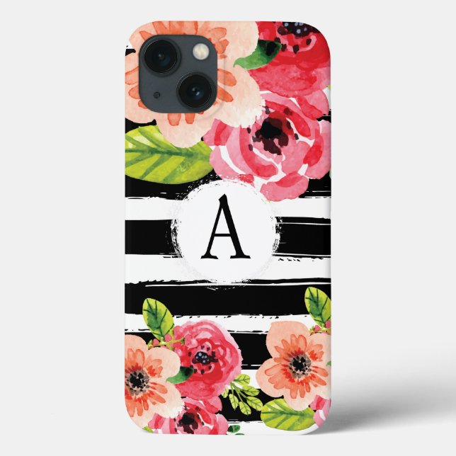 Tendance Monogramme Noir Blancs Fleurs Coque (Verso)