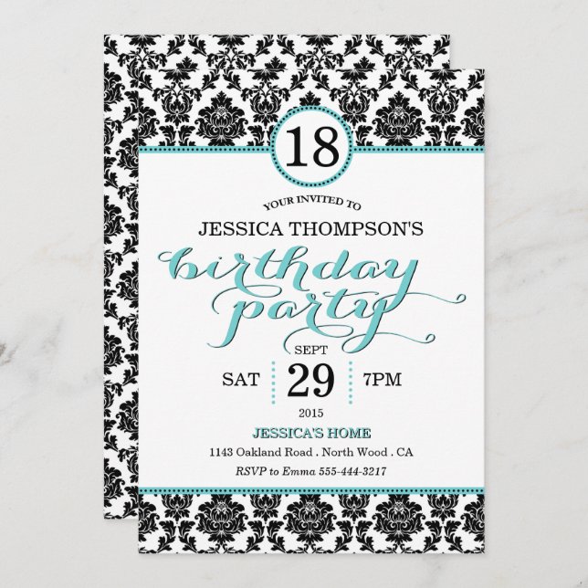 Tendance Turquoise Damask Invitations de fête d'an (Devant / Derrière)
