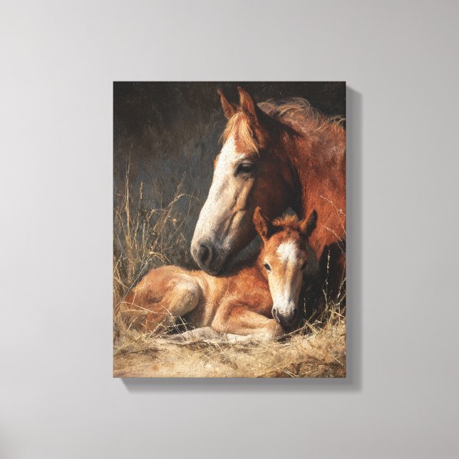 Tender Chestnut Mare and Foal Painting Canvas Print (Front)