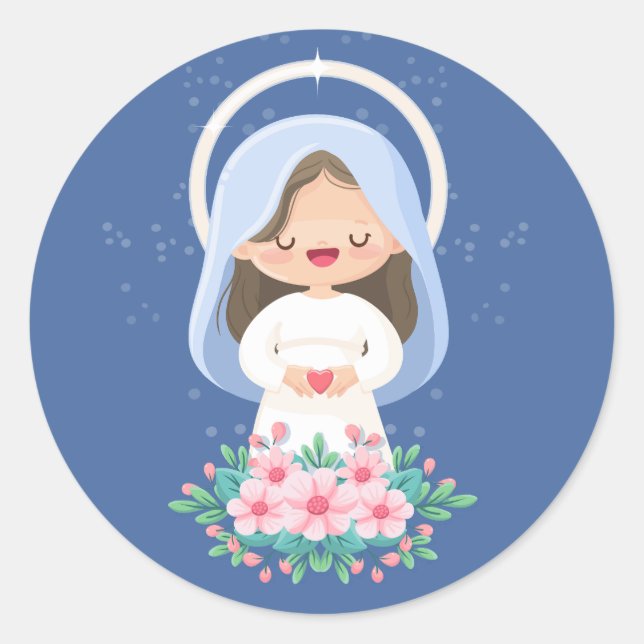 Tender Kawaii Virgin Mary with Heart – Dark Blue Classic Round Sticker (Front)