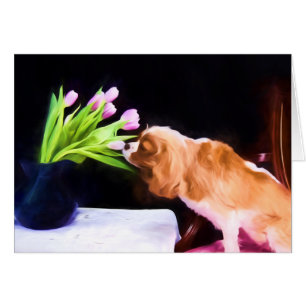 Tender Moment Cavalier King Charles & Tulips Card