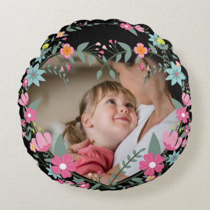 Tender Mother And Child In Floral Wreath Frame Round Pillow