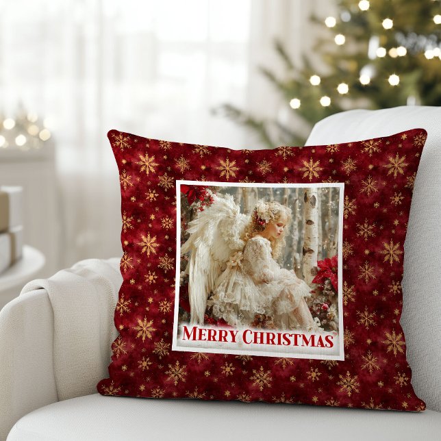 Tender Red and Gold Victorian Angel Christmas  Throw Pillow (Tender Red and Gold Victorian Angel Christmas Pillow)