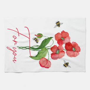 Tender scarlet poppy flower and bumblebees kitchen towel