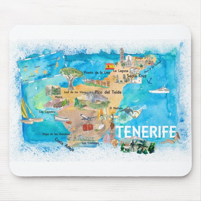 Tenerife Canarias Spain Illustrated Map with Landm Mouse Pad (Front)