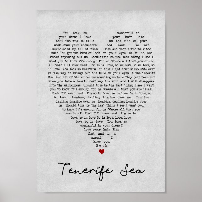 Tenerife Sea Grey Heart Song Lyric Wall Art Print (Front)