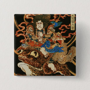 Tenjiku Tokubei Riding Giant Toad Kuniyoshi Fine 2 Inch Square Button