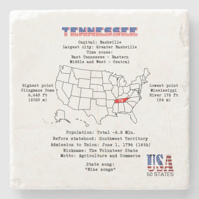 Tennessee American state on a map and useful info Stone Coaster (Front)