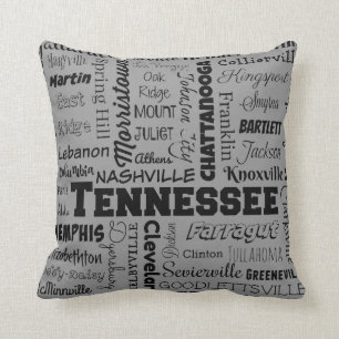 Tennessee Cities typography, grey Throw Pillow
