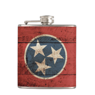 Tennessee State Flag on Old Wood Grain Hip Flask