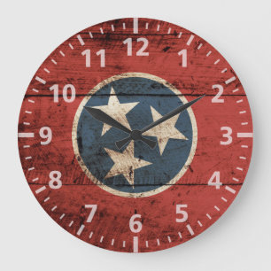 Tennessee State Flag on Old Wood Grain Large Clock