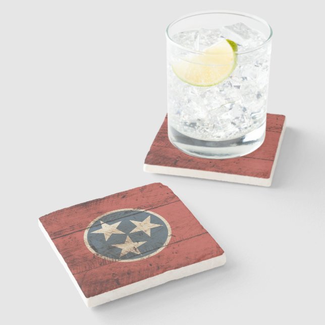 Tennessee State Flag on Old Wood Grain Stone Coaster (Side)