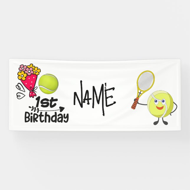 Tennis 1st Birthday  Ball and Racket with name Banner (Horizontal)