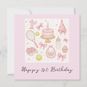 Tennis 1st birthday for baby girl pink tone racket card