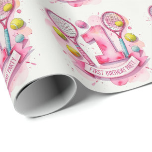 Tennis 1st birthday for girl in Pink themed  Wrapping Paper
