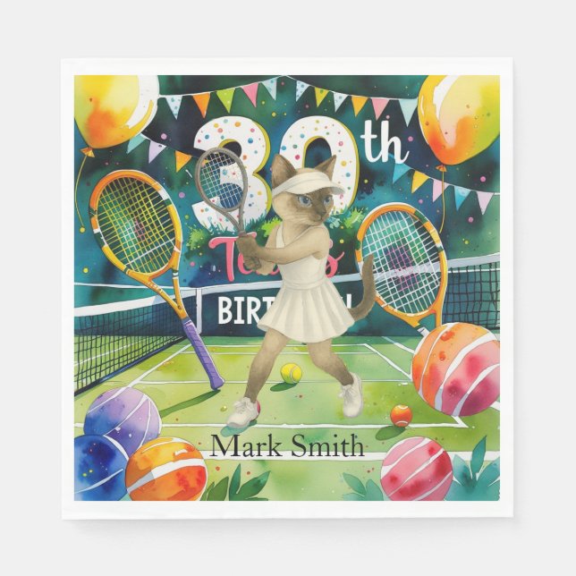 Tennis 30th Birthday for Siamese Cat lovers Napkin (Front)