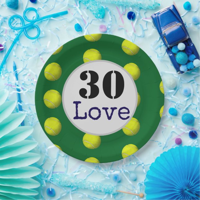 Tennis 30th  Birthday  tennis ball and number love Paper Plate (Party)