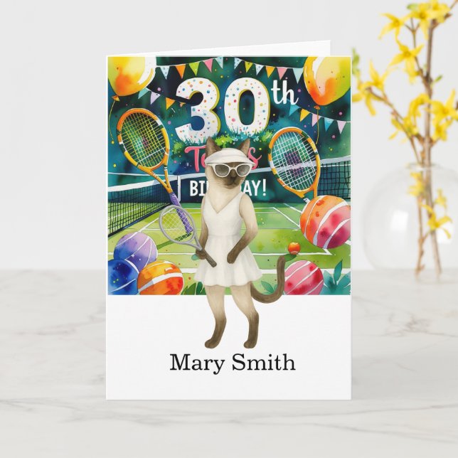 Tennis 30th birthday themed for Siamese Cat lovers Card (Yellow Flower)