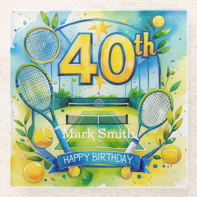 Tennis 40th Birthday Glass Coaster (Front)