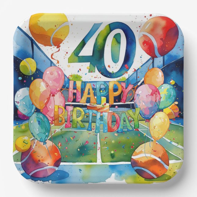 Tennis 40th Birthday  tennis ball and number Paper Plate (Front)