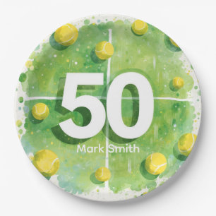 Tennis 50th Birthday Balls on the court Paper Plate