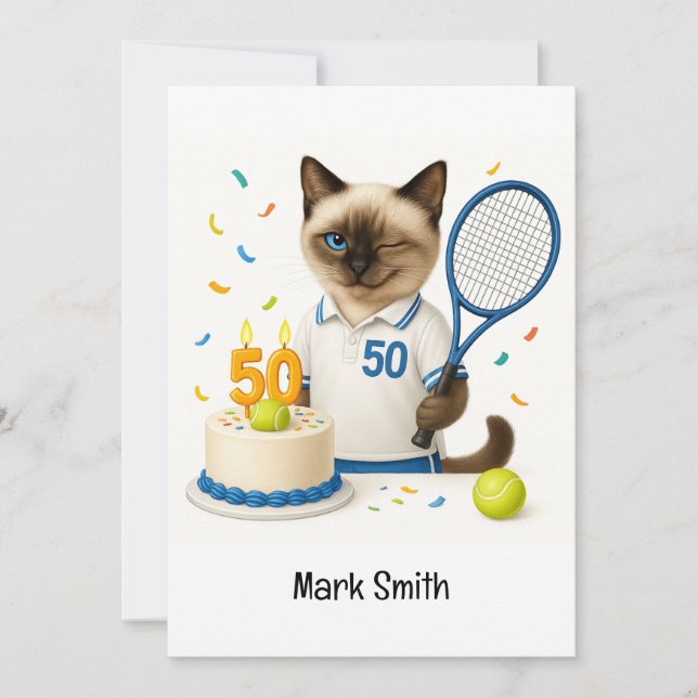 Tennis 50th Birthday for Cat Lovers Invitation (Front)