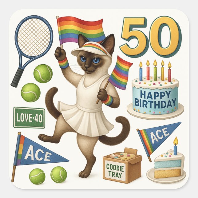 Tennis 50th Birthday for Cat Lovers Square Sticker (Front)