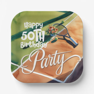 Tennis 50th Birthday tennis ball and number love Paper Plate