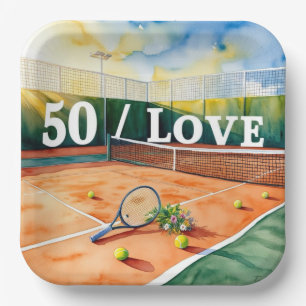 Tennis 50th Birthday tennis ball and number love Paper Plate