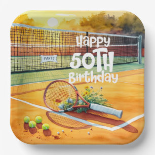 Tennis 50th Birthday  tennis ball and number love Paper Plate