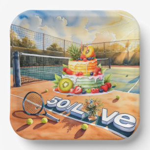 Tennis 50th Birthday tennis ball and number love Paper Plate