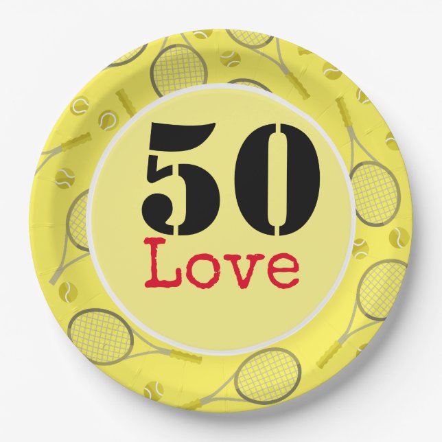 Tennis 50th Birthday  tennis ball and number love Paper Plate (Front)