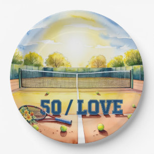 Tennis 50th Birthday tennis ball and number love Paper Plate
