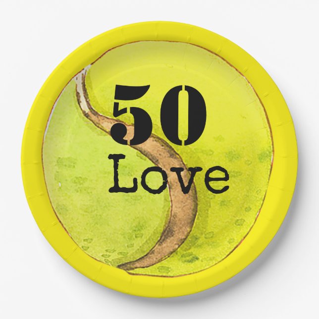 Tennis 50th Birthday  tennis ball and number love  Paper Plate (Front)